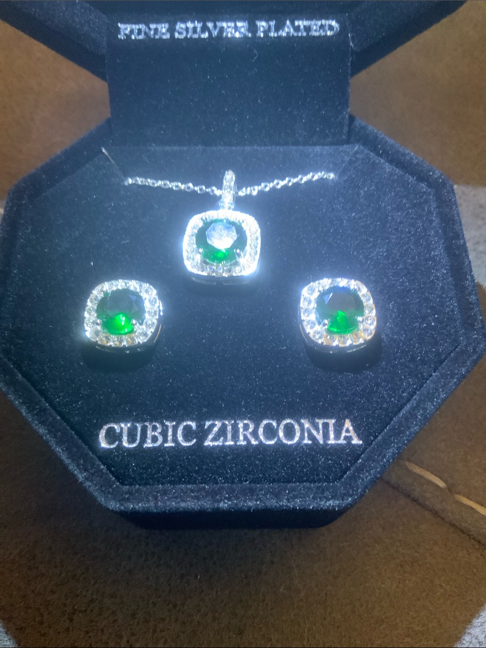 Danecraft Silver-Plated Green Cubic Zirconia Necklace and Stud Earring Set